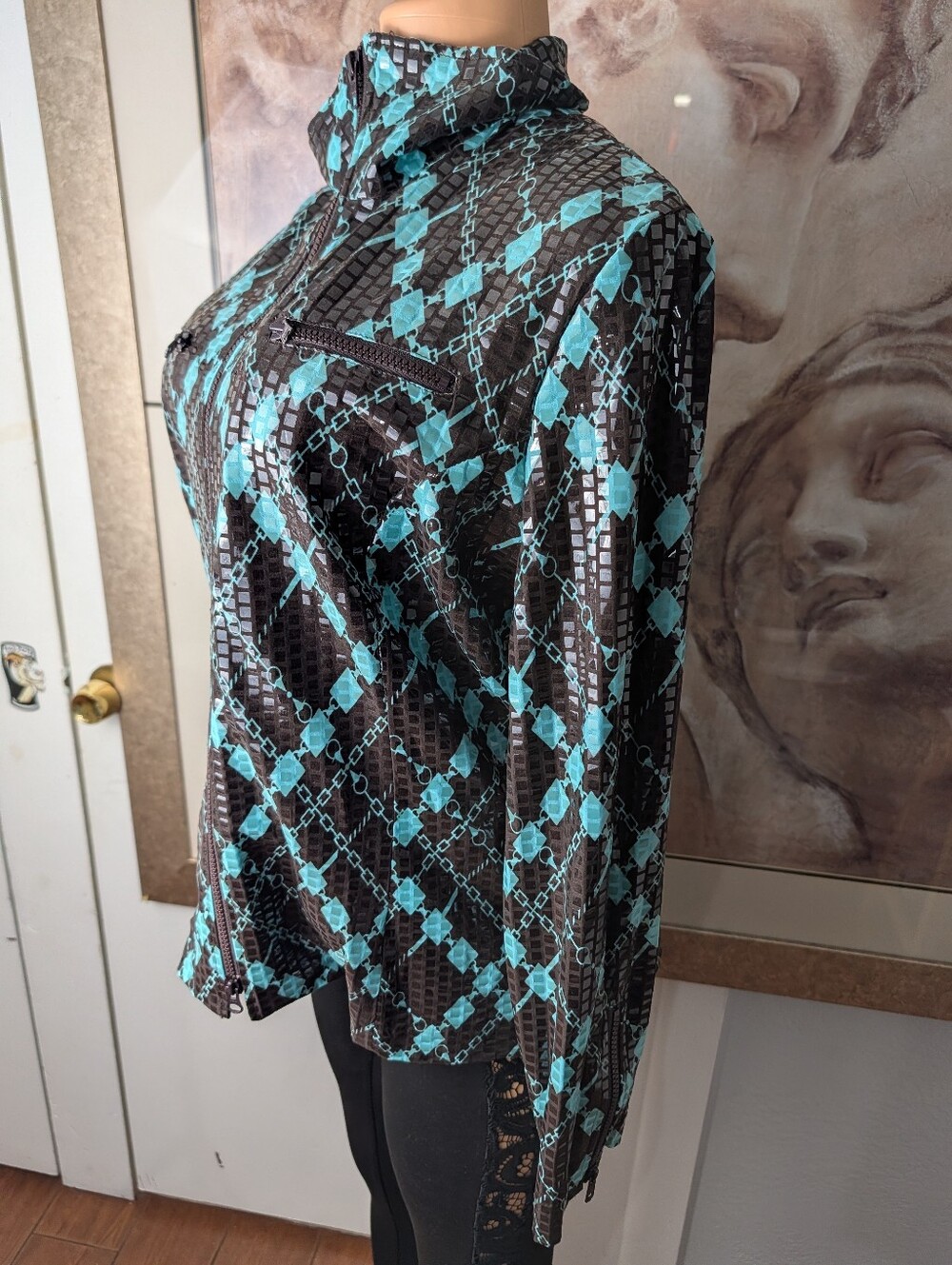 NABI Ladies Turquoise Brown Argyle Diamond Print Jacket EUC, Light Size XL - Picture 5 of 8